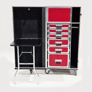 Red rolling case with fold-out table.